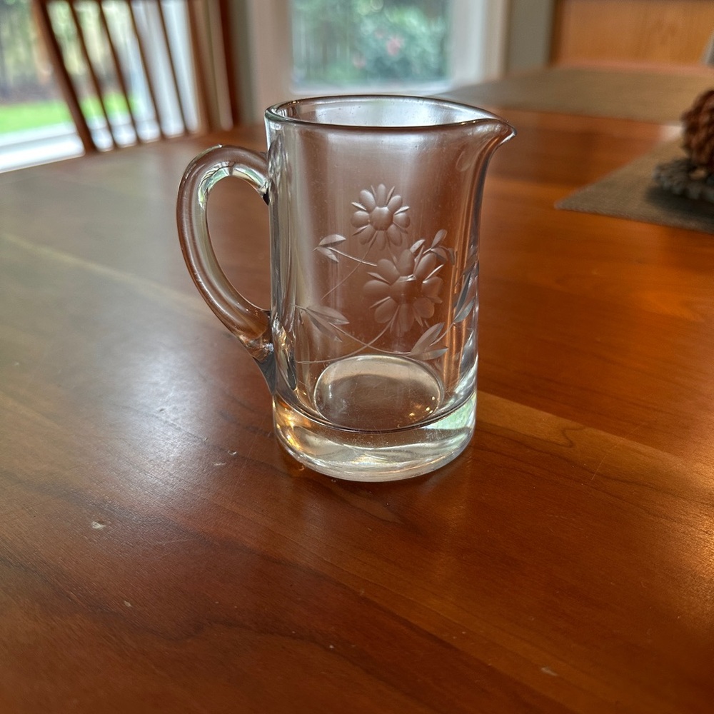 Early American Child's Clear Pressed Glass pitcher Nursery Rhyme - orCreamer